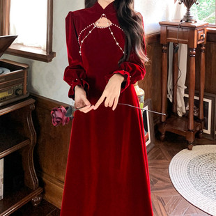 旗袍敬酒服新娘秋冬大码结婚订婚晚礼服红色中式丝绒高级感连衣裙