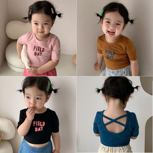 韩版女童露肚脐短袖t恤夏季可爱打底衫纯棉宝宝后背交叉短款上衣