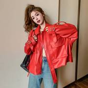 红色pu皮衣外套女2024春秋短款设计感小个子机车皮夹克潮
