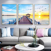 现代简约客厅三联画日出唯美大海风景，海浪大气北欧沙发背景装饰画