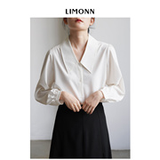 LIMONN 法式复古尖领白色长袖衬衫女气质通勤叠穿V领上衣秋冬