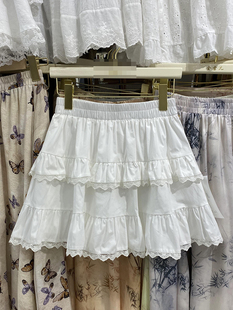 法式芭蕾风白色蛋糕裙女夏季高腰显瘦裙子蕾丝花边半身裙短裙338H