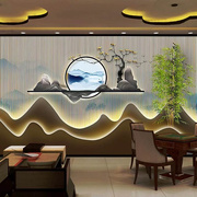 新中式山水画客厅背景墙，装饰画墙纸茶室文化，墙壁纸茶叶店背景壁布