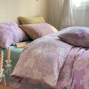全棉色织双层纱四件套纯棉纱布床上用品紫色色织大提花AB版四季款