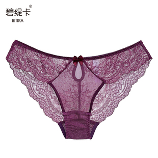 真丝性感女士内裤 紫色情调低腰法式蕾丝裤头 透明网纱薄款三角裤