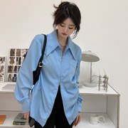 蓝色衬衣女春季尖领拉链衬衫设计感小众长袖上衣
