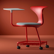 简易学生培训椅会议椅带桌板可叠放红色塑料滑轮办公座椅设计师椅