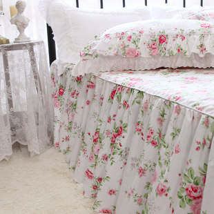 韩式欧式田园风粉色玫瑰园纯棉裙式单双人(单双人)单件床裙床单床罩
