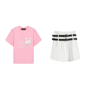 CPAURA 学院女双腰带设计短裙粉色短袖T恤套装 女款