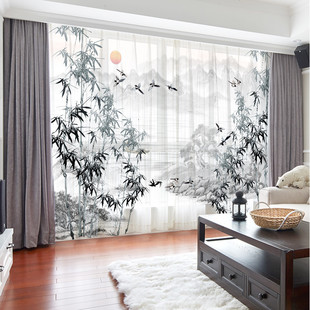 新中式窗帘窗纱数码，印花纱帘客厅卧室窗纱，透光不透人加厚麻纱纱帘