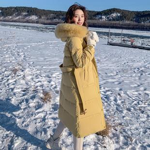 黄色过膝羽绒棉服女冬季2023年中长款加厚面包服棉袄棉衣外套