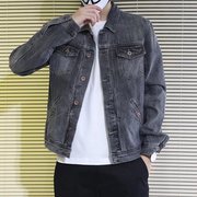 春秋男士牛仔外套黑灰色2022潮流韩版工装，修身夹克休闲上衣服