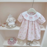 韩版童装女童洋气连衣裙夏装宝宝时髦可爱娃娃领卡通印花裙子