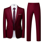 韩版修身酒红色西服套装男青年结婚一粒扣两件套职业西装外套裤子