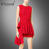 v·loyal夏季时尚修身不对称真丝连衣裙，欧美荷叶边红色礼服裙