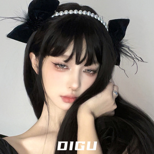 DIGU甜美黑色羽毛蝴蝶结珍珠发箍独特轻奢小众设计感头箍发饰头饰