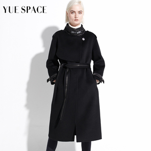 yuespace双面羊绒大衣，秋冬女时尚军装风毛呢外套，宽松长款过膝系带