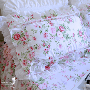 进口欧美韩版公主，田园清新床上用品荷叶，边纯棉枕套1对