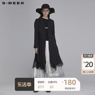 sdeer圣迪奥风衣女装长款蕾丝拼接收腰黑色中长款风衣s20181808