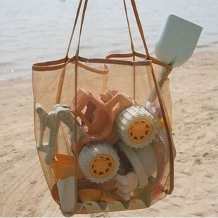 ins儿童沙滩玩具收纳袋，透明网纱单肩包游泳大容量，购物户外沙滩包
