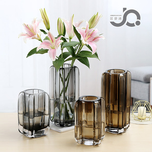 北欧简约竖棱方形玻璃琉璃，花瓶百合玫瑰水培富贵竹，鲜花桌面客厅茶