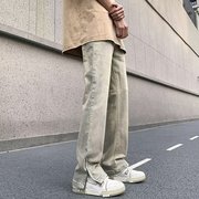 美式高街复古黄泥色牛仔裤男夏季vibe宽松直筒裤脚拉链长裤潮