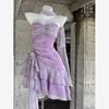 法式温柔风紫色抹胸连衣裙子女夏季在逃公主古着vintage蓬蓬短裙