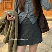韩国冬款魅力轻熟风，优雅简约设计包臀毛呢，短裙半身裙