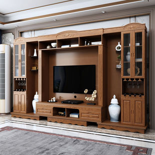 客厅实木电视柜组合背景墙柜伸缩中式影视柜酒柜一体高款电视