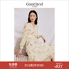 goodland美地女装2023秋季法式优雅贝色钉珠，泡泡袖绣花连衣裙
