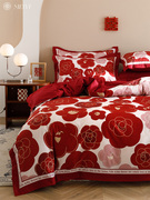 美式山茶花100支婚庆四件套大红色床单被套全棉高档结婚床上用品
