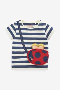 英国next童装22夏新女童女宝宝，海军蓝条纹瓢虫包款短袖圆领t恤