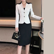 2024法式简约黑白拼色修身西装外套包臀半身裙职业通勤套装女