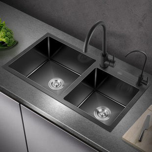 黑色纳米洗菜盆双槽304不锈钢手工水槽厨房台上盆洗碗槽家用水斗