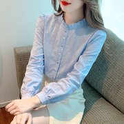 香港TIMO法式立领衬衫女设计感小众春秋宽松遮肚打底气质上衣