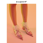 superr 2021 ss vol.9幻彩粉色爱心尖头细绑带方跟高跟凉鞋