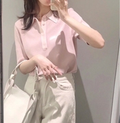 韩版冰丝polo衫针织翻领，短袖t恤女2022年夏季薄款宽松粉色上衣女