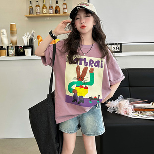 女童休闲洋气短袖t恤2024夏季韩版儿童，卡通宽松中长版打底衫8