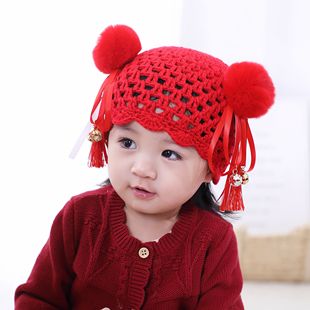 婴儿汉服帽子秋冬女宝宝新年帽子大红色毛线帽可爱毛球中国风