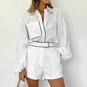 欧美休闲时尚棉麻女士套装夏季设计感黑白撞色长袖衬衫短裤两件套