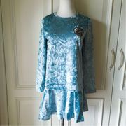朵系列秋冬水蓝色，长袖学院风灯芯绒连衣裙，直身裙摆式品牌折扣