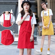 红色背带裙女夏季韩版宽松纯棉，牛仔背带裙显瘦减龄学生半身裙短裙