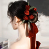 红色新娘敬酒服头饰发卡丝绒，郁金香玫瑰花苞，时尚结婚套装礼服发饰