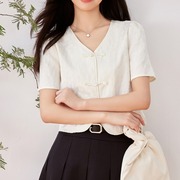 新中式盘扣雪纺短袖白色衬衫女设计感复古宽松V领灯笼袖上衣夏
