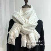 时髦优雅编织风格仿羊绒围巾女冬季韩版百搭纯洁白色长款披肩两用