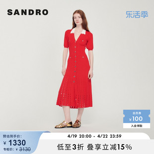 sandrooutlet春秋女装法式v领收腰针织红色连衣裙长裙sfpro02742