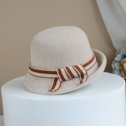 秋冬羊毛呢卷边渔夫帽女时尚百搭条纹礼帽可折叠盆帽保暖帽子