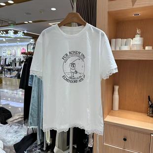 idsisters短袖T恤女2024春夏韩版显瘦卡通字母拼蕾丝上衣3620