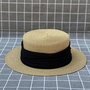日本款简约棉麻布褶皱平顶草帽女夏季出游防晒沙滩度假时尚礼帽子