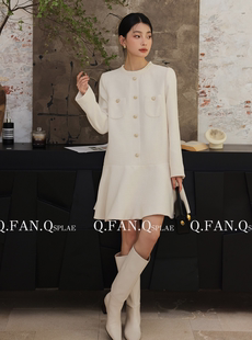 Q.FAN.Q 原创设计冬季法式小香风连衣裙木耳边圆领长袖A字裙